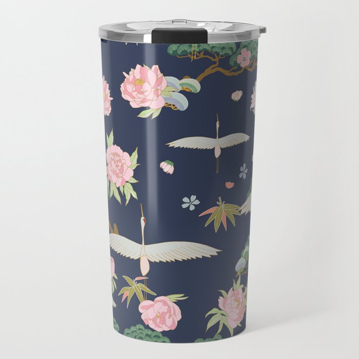 Japanese Crane Tropical Exotic Flower Pattern Travel Mug Gallery Image 1