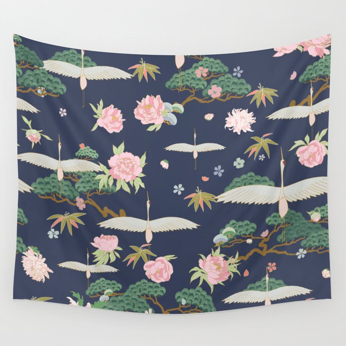 Japanese Crane Tropical Exotic Flower Pattern Wall Tapestry Gallery Image 4
