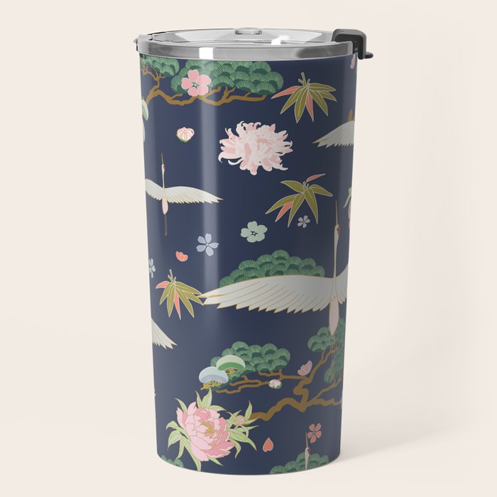Japanese Crane Tropical Exotic Flower Pattern Travel Mug Gallery Image 2
