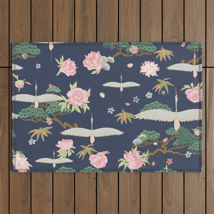 Japanese Crane Tropical Exotic Flower Pattern Outdoor Rug Gallery Image 1