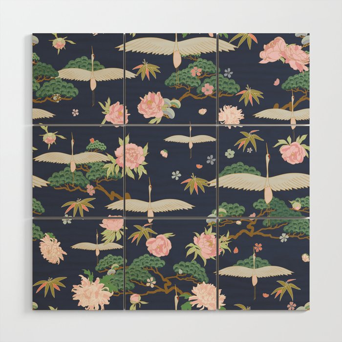 Japanese Crane Tropical Exotic Flower Pattern Wood Wall Art Gallery Image 1