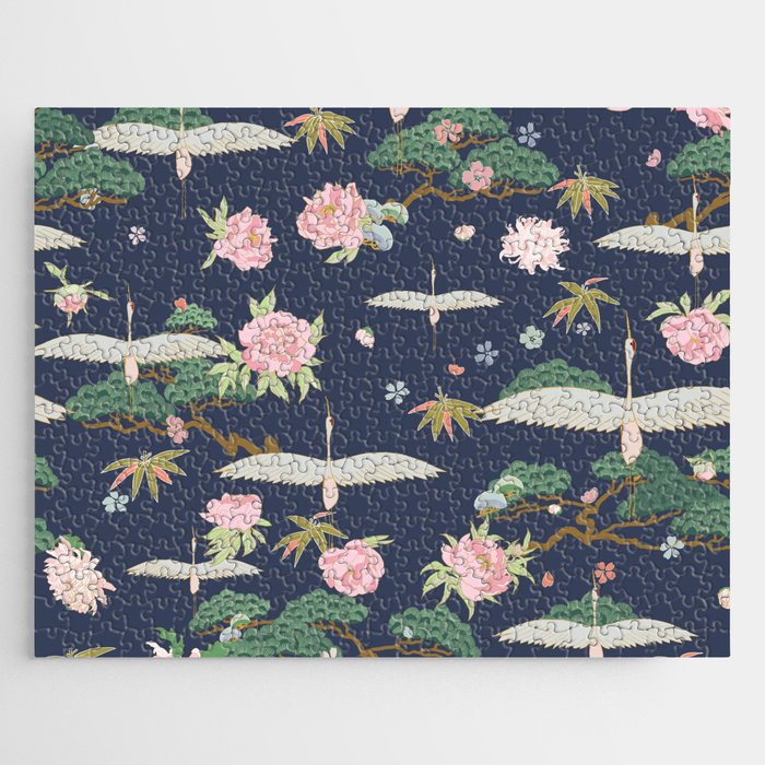 Japanese Crane Tropical Exotic Flower Pattern Jigsaw Puzzle Gallery Image 1