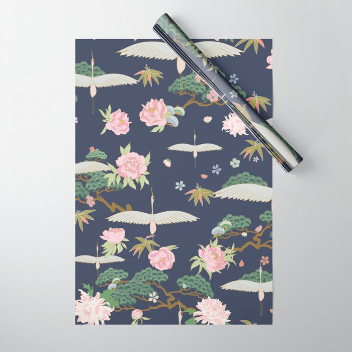 Japanese Crane Tropical Exotic Flower Pattern Wrapping Paper Gallery Image 1
