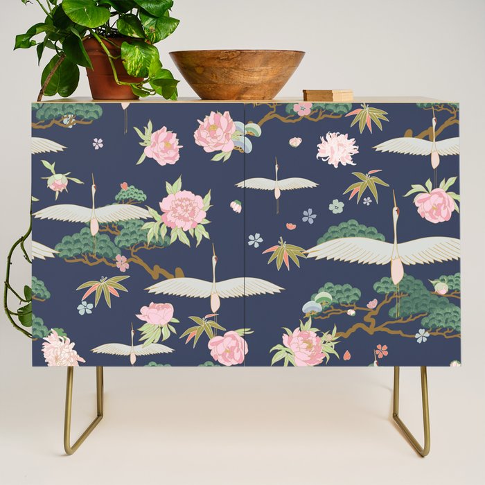 Japanese Crane Tropical Exotic Flower Pattern Credenza Gallery Image 1