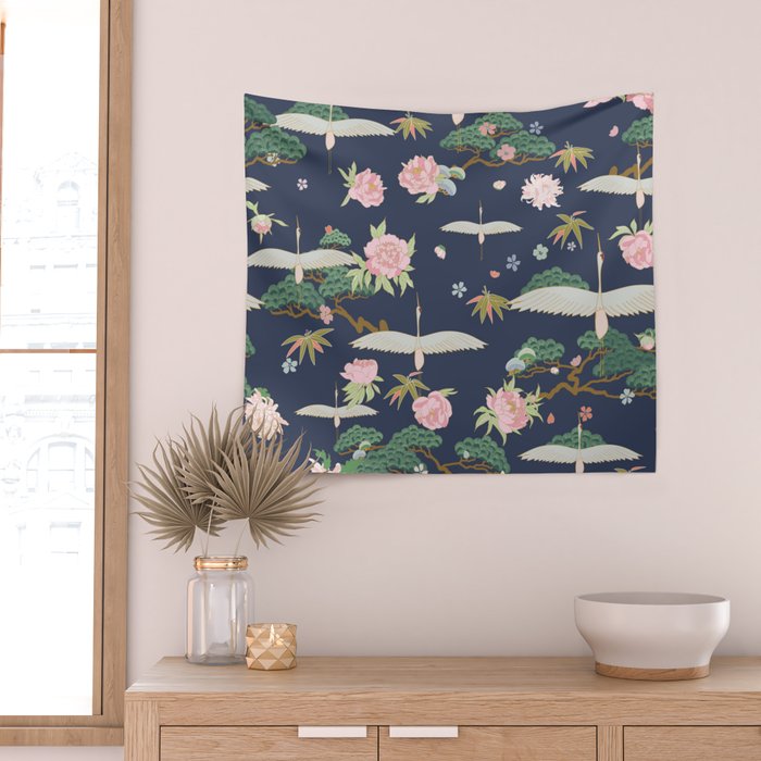 Japanese Crane Tropical Exotic Flower Pattern Wall Tapestry Gallery Image 2