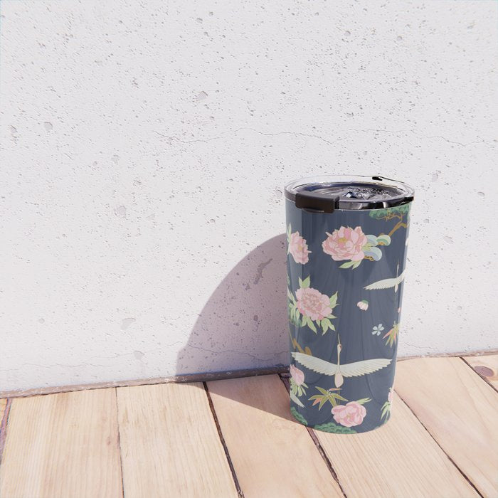Japanese Crane Tropical Exotic Flower Pattern Travel Mug Gallery Image 4