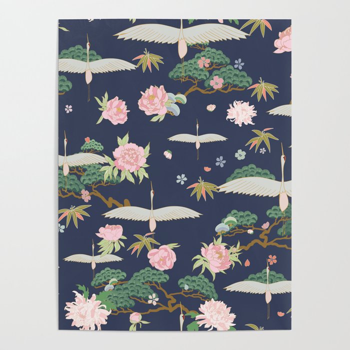 Japanese Crane Tropical Exotic Flower Pattern Poster Gallery Image 1
