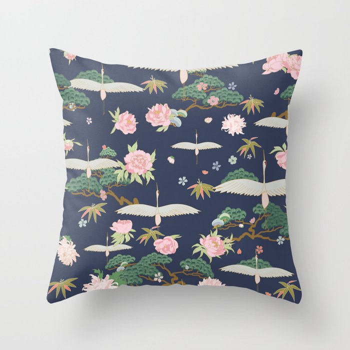 Japanese Crane Tropical Exotic Flower Pattern Throw Pillow Gallery Image 6