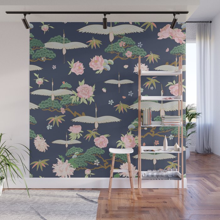 Japanese Crane Tropical Exotic Flower Pattern Wall Mural Gallery Image 1