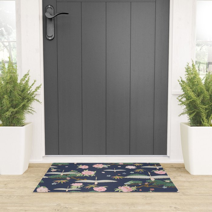 Japanese Crane Tropical Exotic Flower Pattern Welcome Mat Gallery Image 3