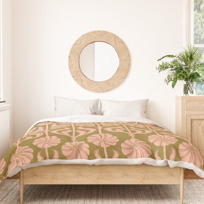 Hand-Drawn Pink And Olive Green Botanical Floral Pattern Duvet Cover Gallery Image 3