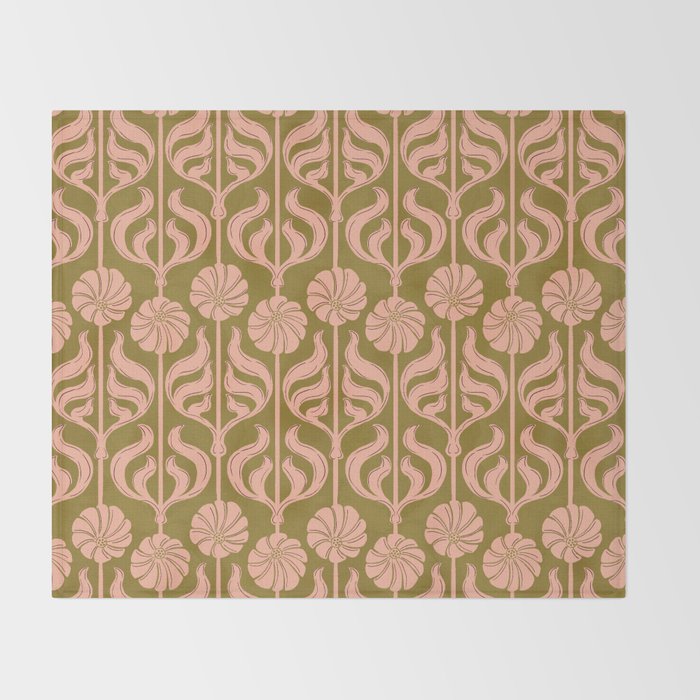 Hand-Drawn Pink And Olive Green Botanical Floral Pattern Throw Blanket Gallery Image 2