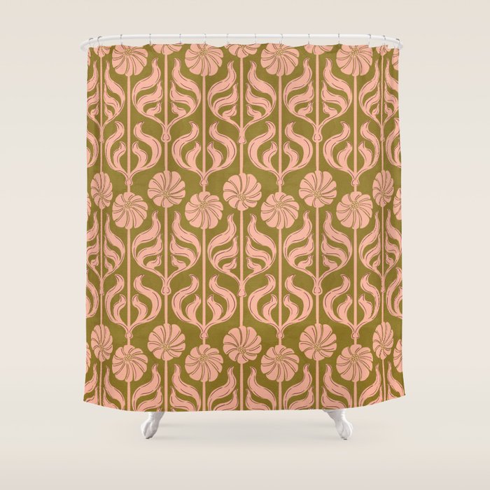 Hand-Drawn Pink And Olive Green Botanical Floral Pattern Shower Curtain Gallery Image 1