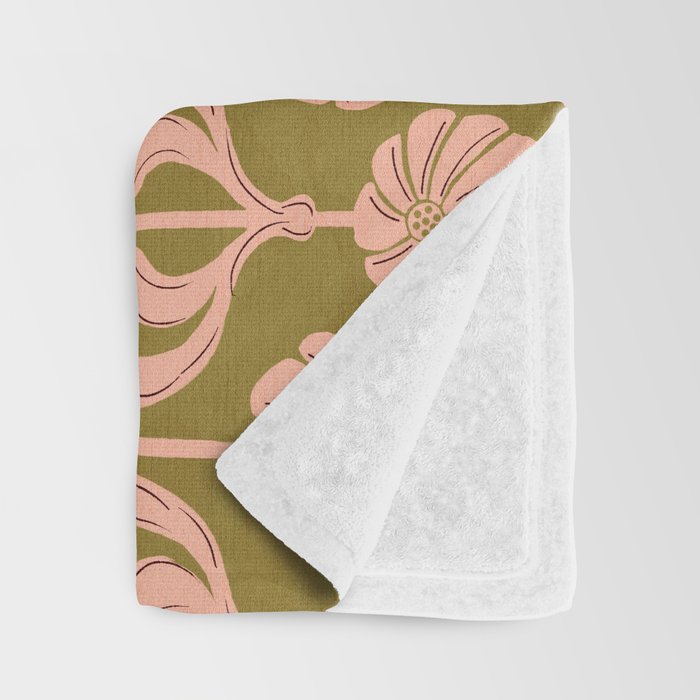 Hand-Drawn Pink And Olive Green Botanical Floral Pattern Throw Blanket Gallery Image 3