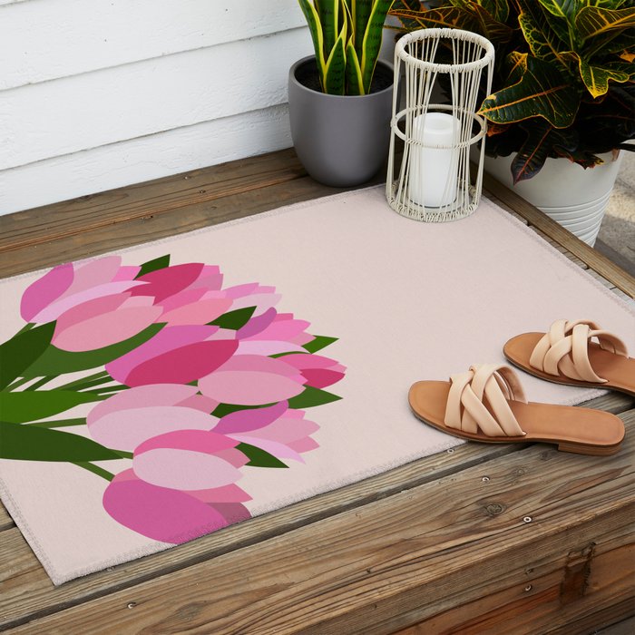 Fresh Tulips - Abstract Floral Pink Preppy Flowers Outdoor Rug Gallery Image 2