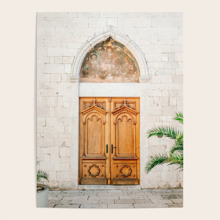 The wooden door of Sibenik Croatia | Fine art travel front door photography print | Pastel tones Poster Gallery Image 1