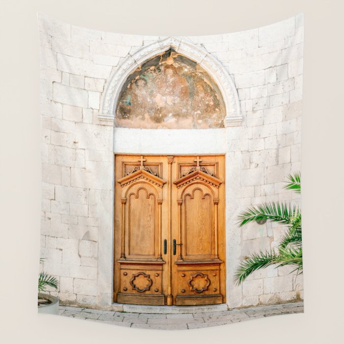 The wooden door of Sibenik Croatia | Fine art travel front door photography print | Pastel tones Wall Tapestry Gallery Image 1