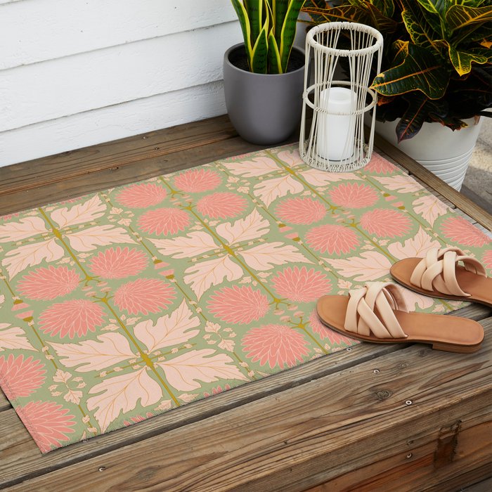 Art Nouveau Bohemian Peach Floral Botanical Outdoor Rug Gallery Image 2