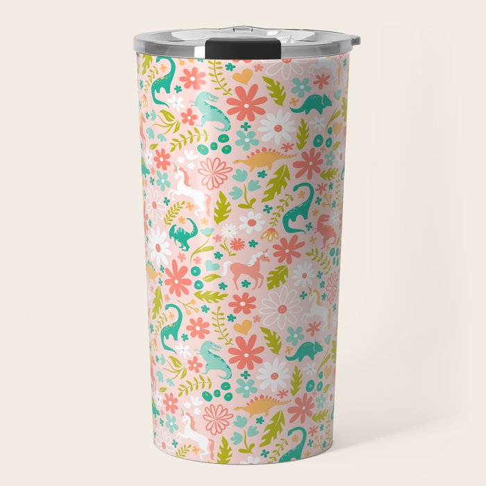 Dinosaurs + Unicorns in Pink + Teal Travel Mug Gallery Image 1