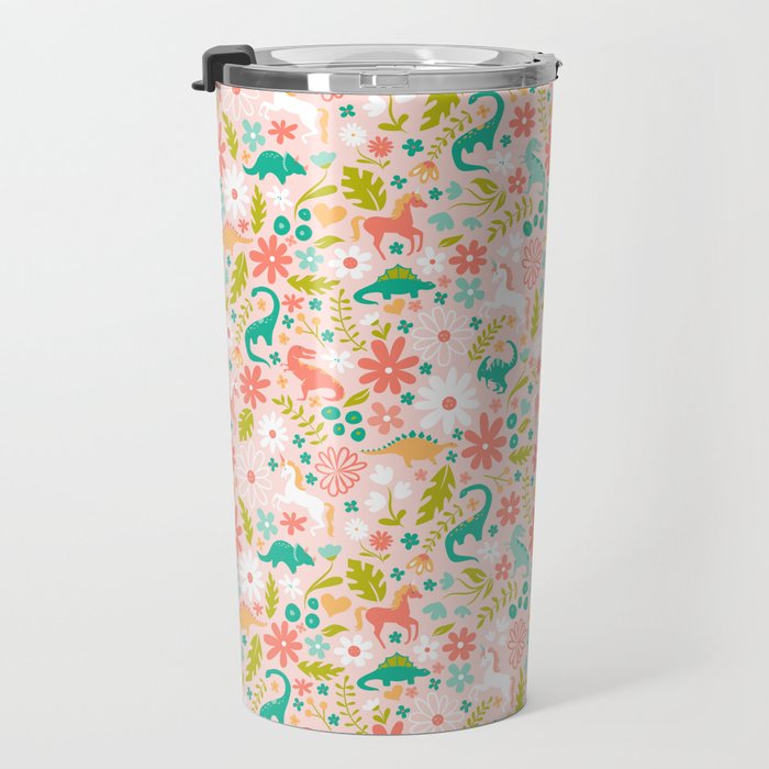 Dinosaurs + Unicorns in Pink + Teal Travel Mug Gallery Image 3