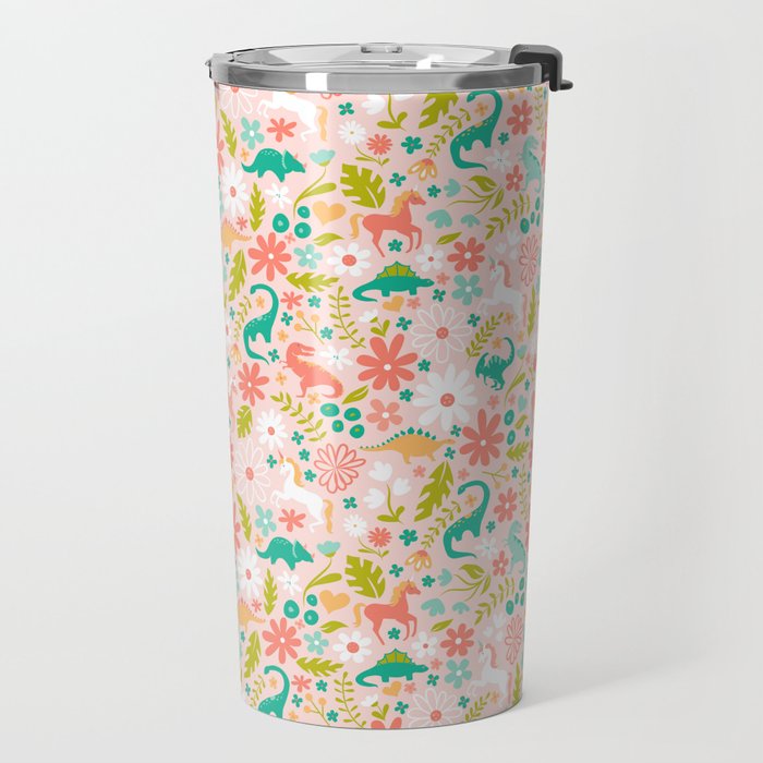 Dinosaurs + Unicorns in Pink + Teal Travel Mug Gallery Image 2