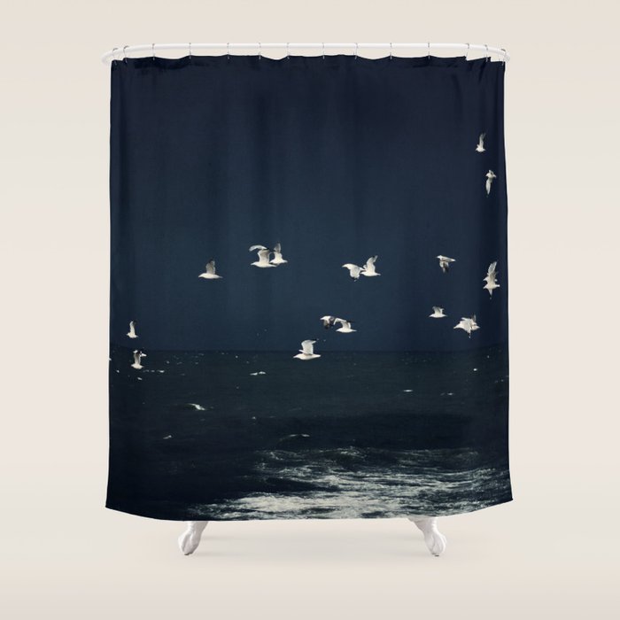 Birds in Flight - Dark Blue Sea - Ocean Print - Travel photography Shower Curtain Gallery Image 1