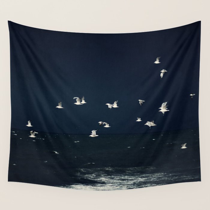 Birds in Flight - Dark Blue Sea - Ocean Print - Travel photography Wall Tapestry Gallery Image 1