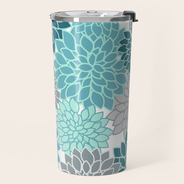 Dahlia Floral Blooms in Teal and Gray Travel Mug Gallery Image 2