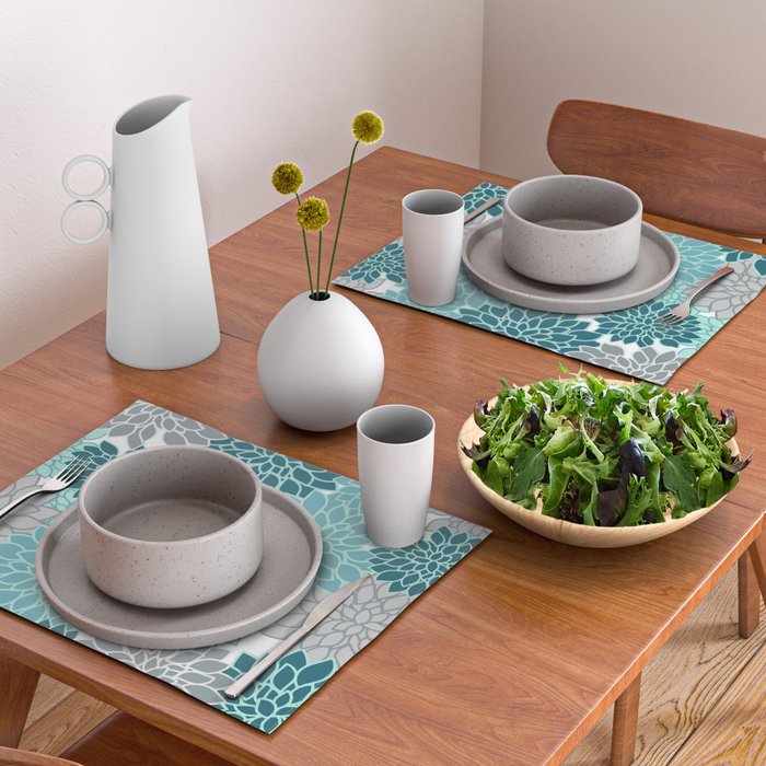 Dahlia Floral Blooms in Teal and Gray Placemat Gallery Image 2