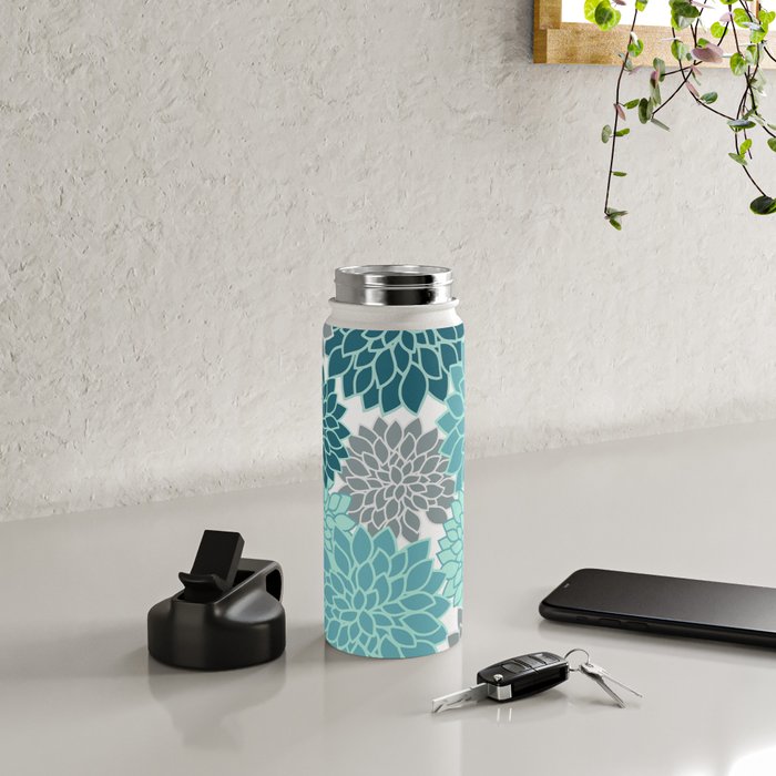 Dahlia Floral Blooms in Teal and Gray Water Bottle Gallery Image 4
