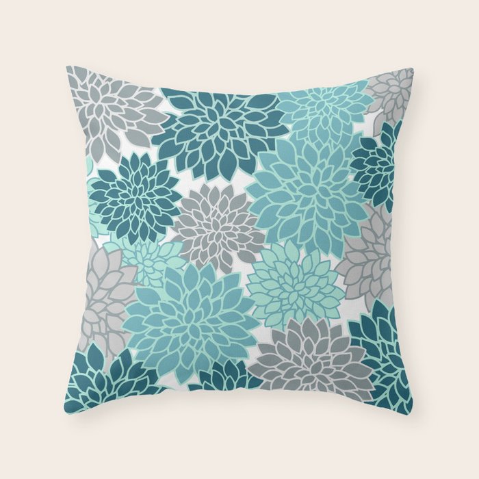 Dahlia Floral Blooms in Teal and Gray Throw Pillow Gallery Image 1