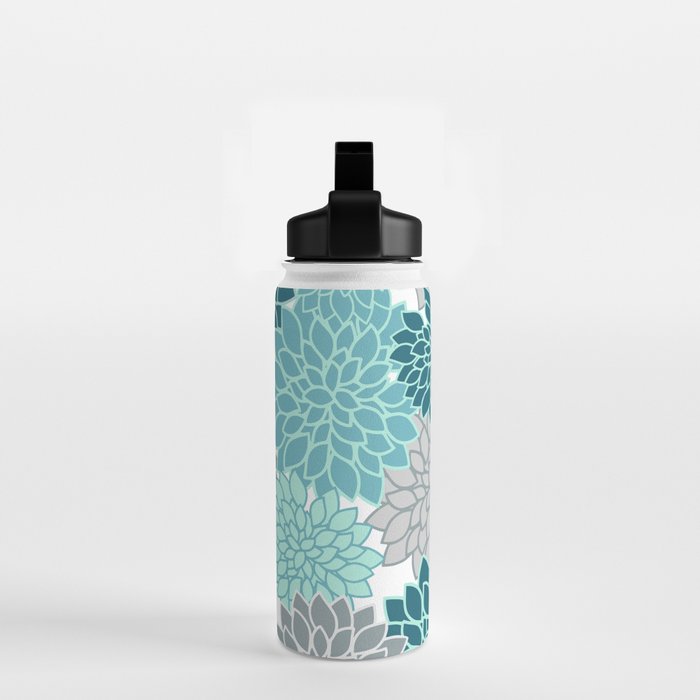 Dahlia Floral Blooms in Teal and Gray Water Bottle Gallery Image 2