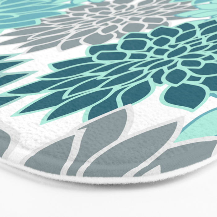 Dahlia Floral Blooms in Teal and Gray Bath Mat Gallery Image 3
