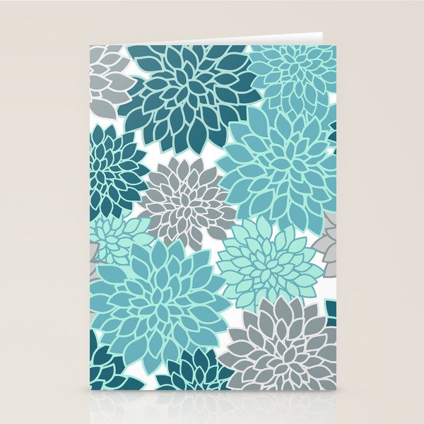 Dahlia Floral Blooms in Teal and Gray Stationery Card Gallery Image 2