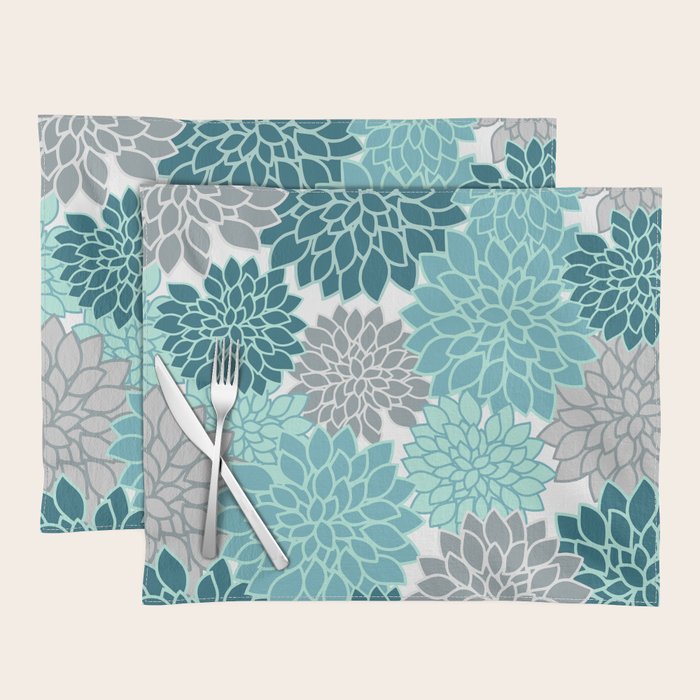 Dahlia Floral Blooms in Teal and Gray Placemat Gallery Image 1
