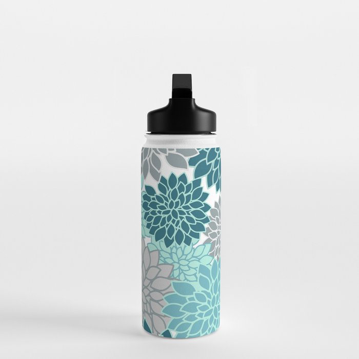 Dahlia Floral Blooms in Teal and Gray Water Bottle Gallery Image 3