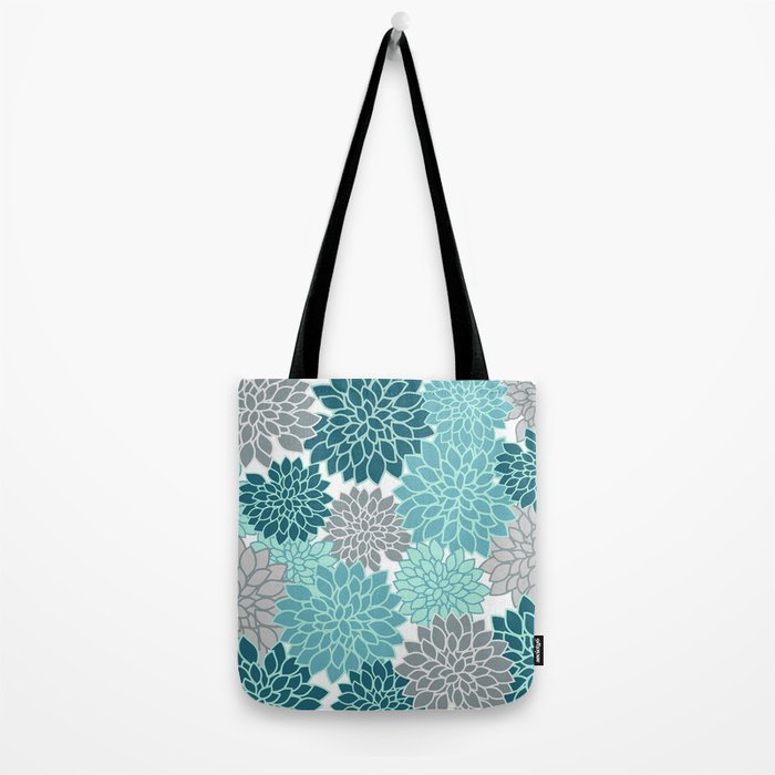 Dahlia Floral Blooms in Teal and Gray Tote Bag Gallery Image 2