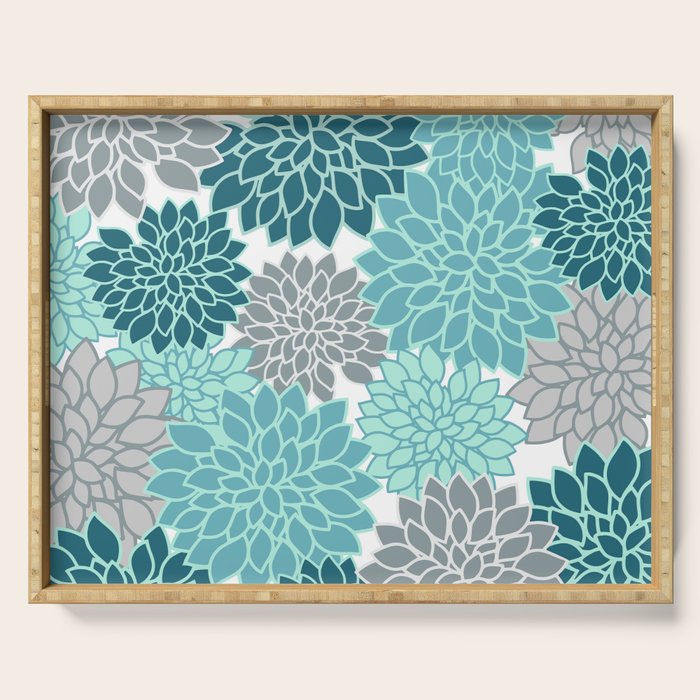 Dahlia Floral Blooms in Teal and Gray Serving Tray Gallery Image 1