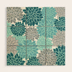 Dahlia Floral Blooms in Teal and Gray Wood Wall Art Gallery Image 1