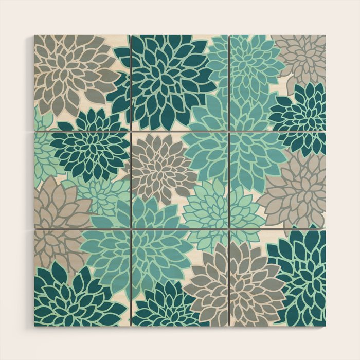Dahlia Floral Blooms in Teal and Gray Wood Wall Art Gallery Image 1