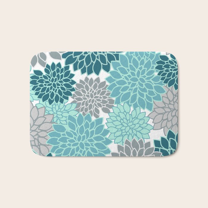 Dahlia Floral Blooms in Teal and Gray Bath Mat Gallery Image 1