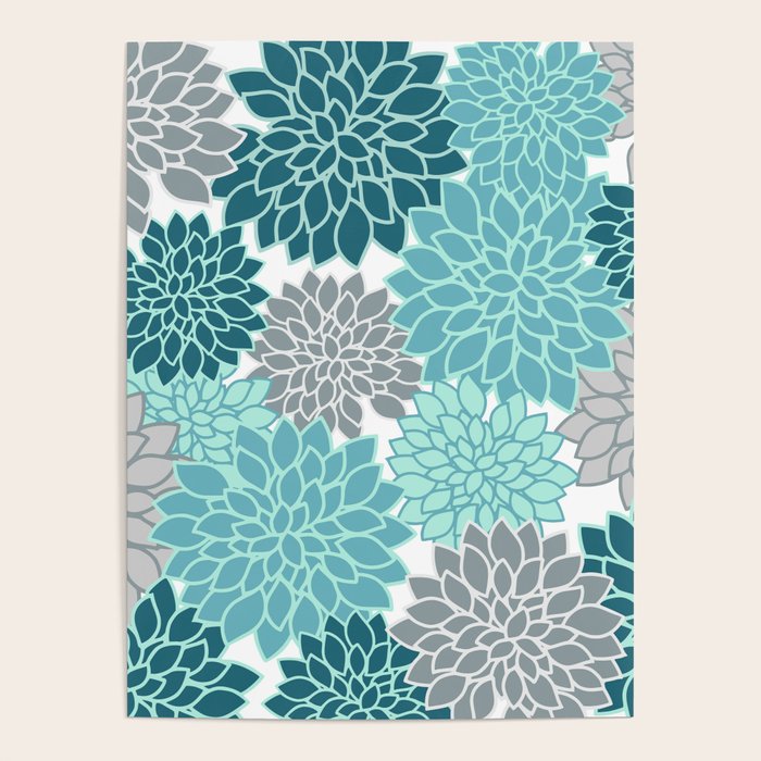 Dahlia Floral Blooms in Teal and Gray Poster Gallery Image 4