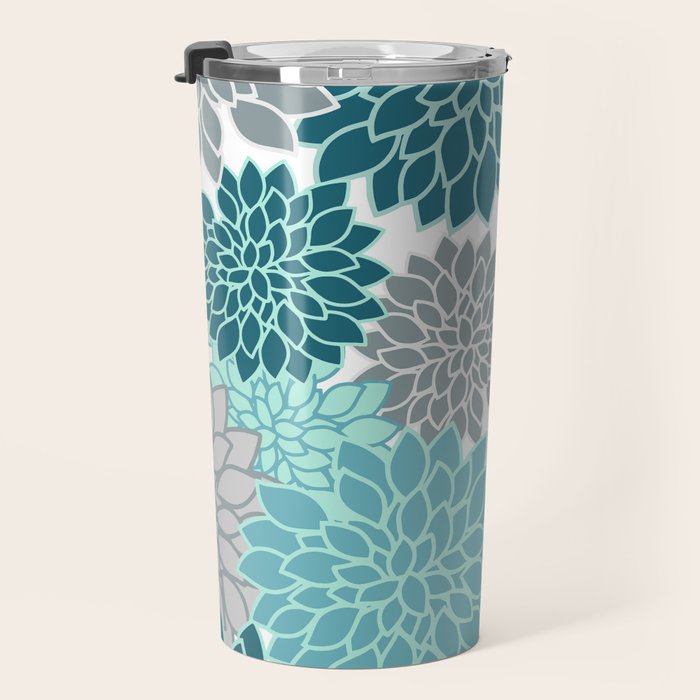 Dahlia Floral Blooms in Teal and Gray Travel Mug Gallery Image 3