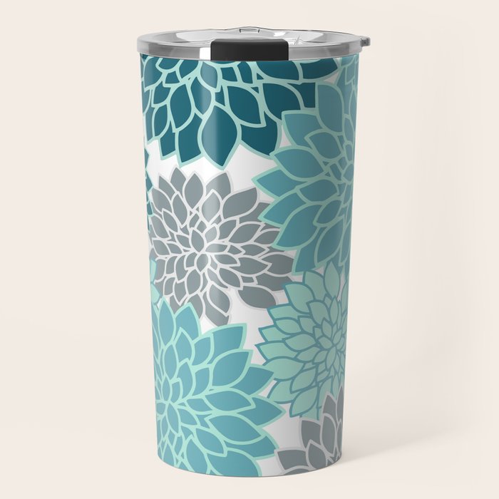 Dahlia Floral Blooms in Teal and Gray Travel Mug Gallery Image 1