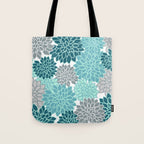 Dahlia Floral Blooms in Teal and Gray Tote Bag Gallery Image 1
