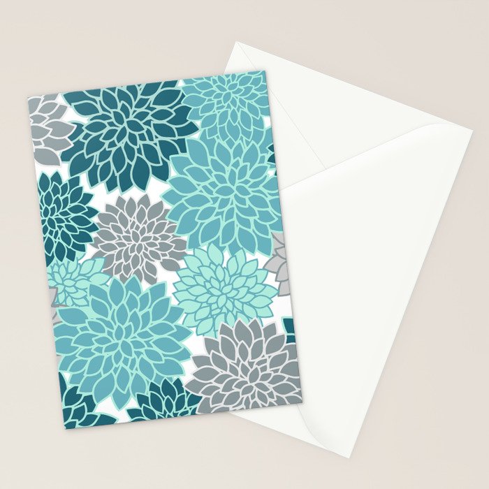 Dahlia Floral Blooms in Teal and Gray Stationery Card Gallery Image 2