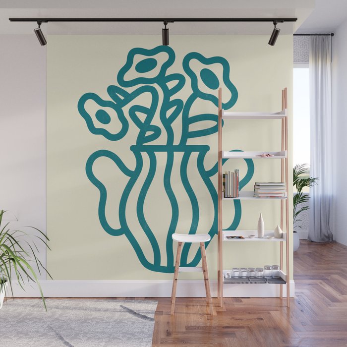 Abstract Minimalist Flowers in Blue Vase Wall Mural Gallery Image 1