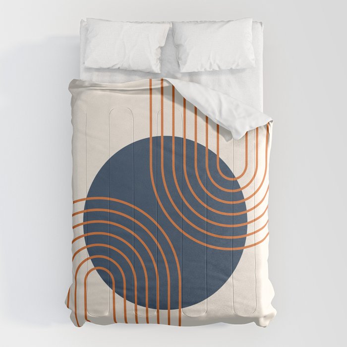 Mid Century Modern Geometric 162 Sun Rainbow abstract in Navy Blue Orange Comforter Gallery Image 1