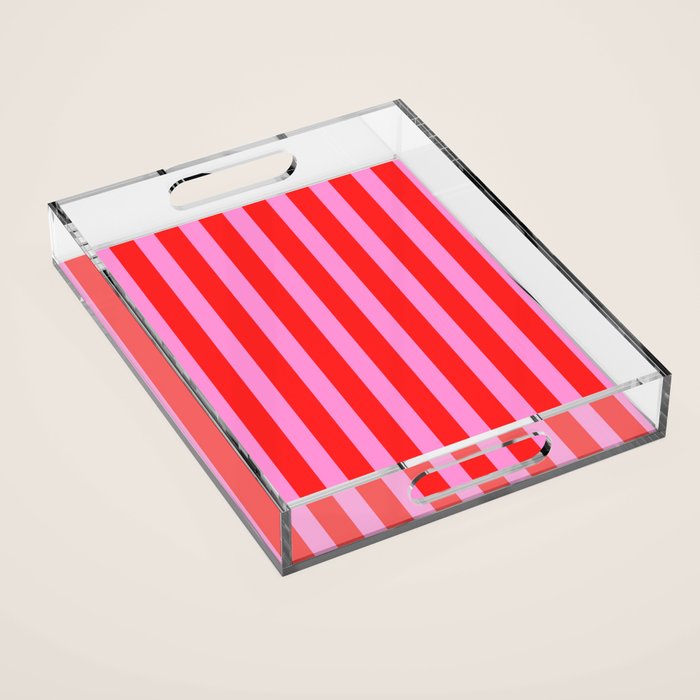 Preppy Pink and Red Vertical Stripes Pattern  Acrylic Tray Gallery Image 1