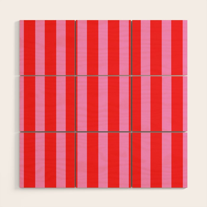 Preppy Pink and Red Vertical Stripes Pattern  Wood Wall Art Gallery Image 1